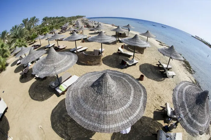 Framed Print : Sun umbrellas on a beach of Marsa Alam, Egypt