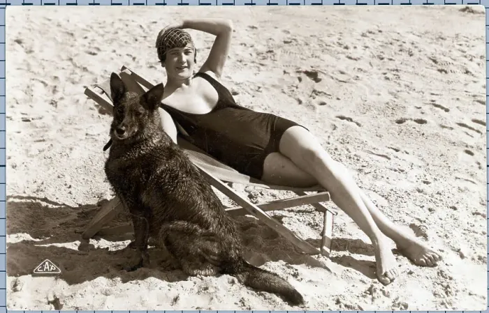 Framed Print : Sunbathing Woman On Beach With Dog Framed Print : Sunbathing Woman On Beach With Dog