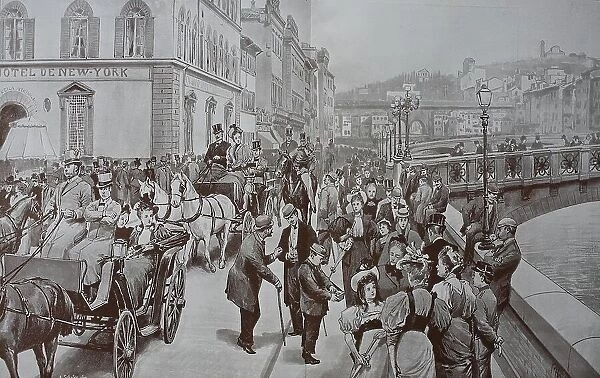 Sunday afternoon, 1878, Corso on the Lungarno Corsini in Florence, Italy, Historic, digital reproduction of an original 19th-century painting