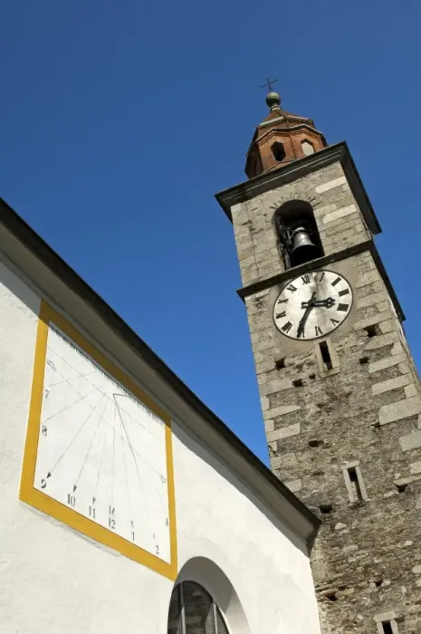 Framed Print : Sundial and church steeple, Ronco sopra Ascona, Ticino, Switzerland, Europe
