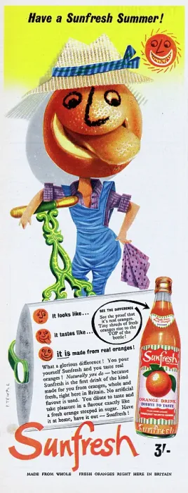 Framed Print : Sunfresh. 1955: Advertisement for Sunfresh orange flavoured drink with Framed Print : Sunfresh. 1955: Advertisement for Sunfresh orange flavoured drink with