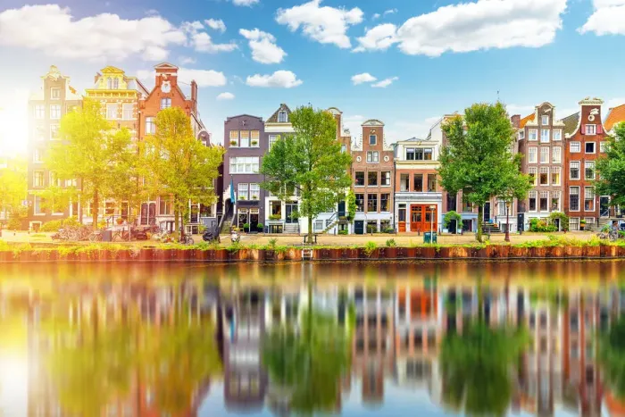 Framed Print : Sunlight and architecture reflections in Amsterdam, Holland