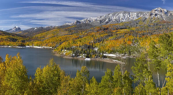 Sunny landscape with Silver Jack Reservoir and forest in autumn, Colorado, USA