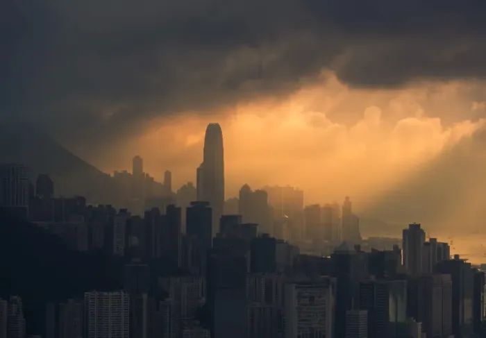Framed Print : Sunray over Hong Kong business district Framed Print : Sunray over Hong Kong business district