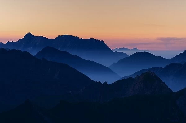 Sunrise above the Allgau Alps with peaks in steplike arrangement, Oberstdorf, Bavaria, Germany