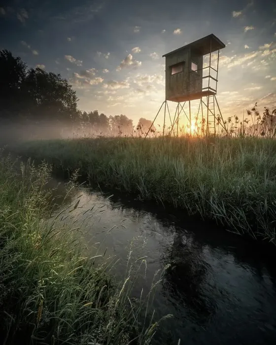 Framed Print : Sunrise behind Jaegerhochsitz in Brandenburg, Germany Framed Print : Sunrise behind Jaegerhochsitz in Brandenburg, Germany