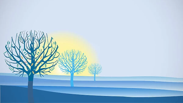 Sunrise Landscape in Blue with Trees