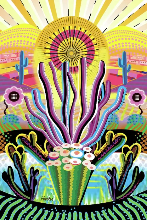Framed Print : Sunrise Landscape Desert Garden, Saguaro, Ocotillo and flowering cactus. Digital Illustration of sunrise in abstract symmetry