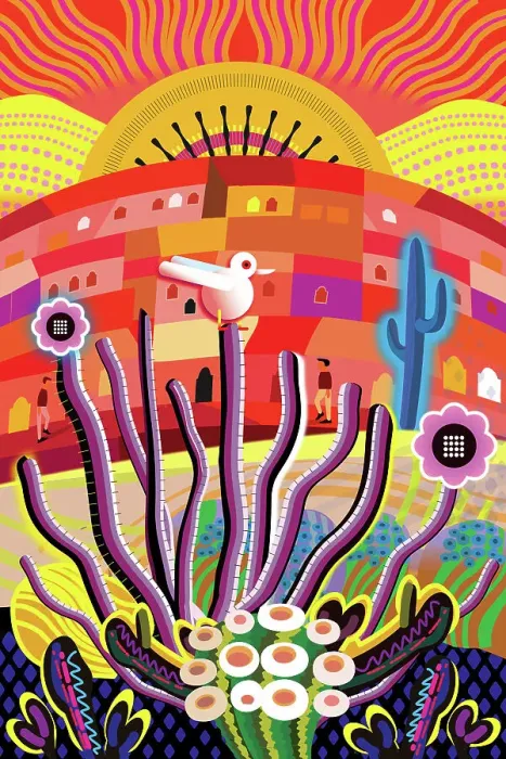 Framed Print : Sunrise Landscape Desert Garden, Saguaro, Ocotillo and flowering cactus illustration Framed Print : Sunrise Landscape Desert Garden, Saguaro, Ocotillo and flowering cactus illustration