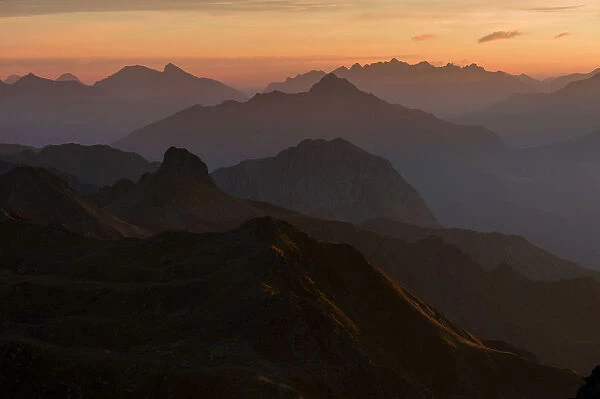 Sunrise above the Montafon mountains, Gargellen, Montafon, Vorarlberg, Austria