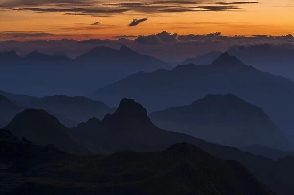Sunrise above the Montafon mountains, Gargellen, Montafon, Vorarlberg, Austria