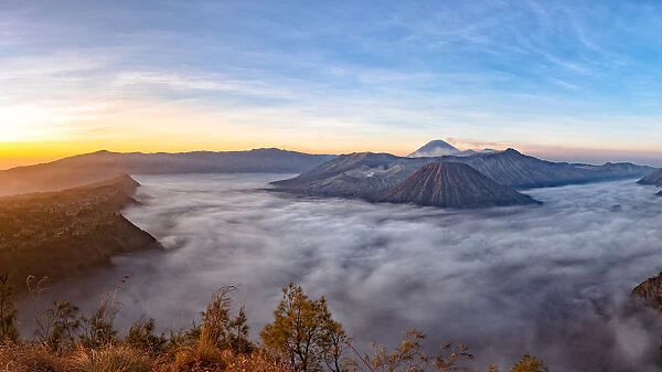 Sunrise at Mount Bromo volcano, the magnificent view of Mt. Bromo located in Bromo Tengger Semeru National Park, East Java, Indonesia