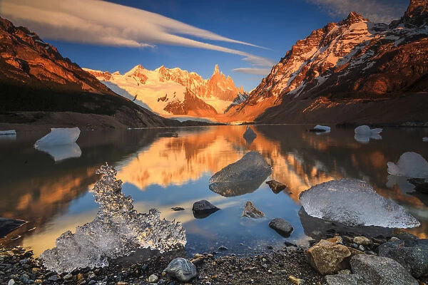Sunrise at the mountain Cerro Torre with ice floes