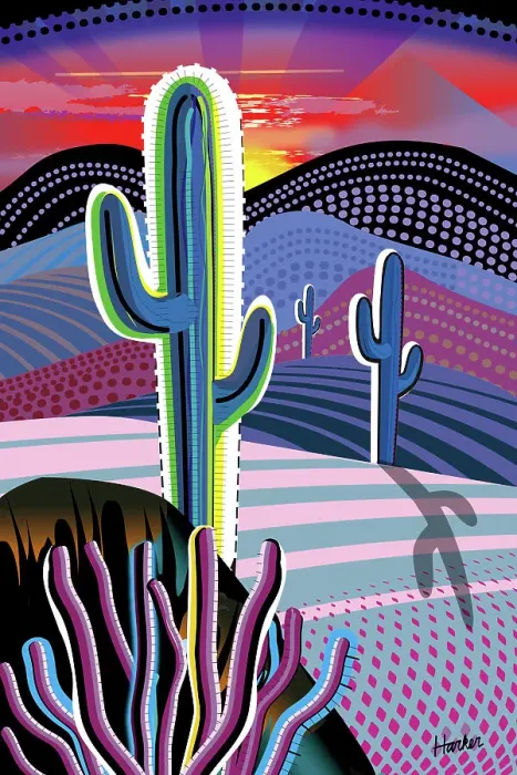 Framed Print : Sunrise Mountain Landscape Desert Saguaro, Ocotillo Cactus Illustration Framed Print : Sunrise Mountain Landscape Desert Saguaro, Ocotillo Cactus Illustration