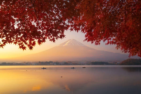 Sunrise at Mt Fuji in iconic autumn view from Lake Kawaguchiko