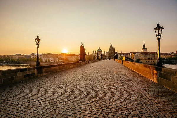 Sunrise above Prague seen at Charles Bridge, Czech Republic