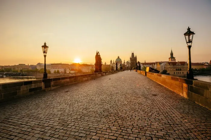 Framed Print : Sunrise above Prague seen at Charles Bridge, Czech Republic Framed Print : Sunrise above Prague seen at Charles Bridge, Czech Republic