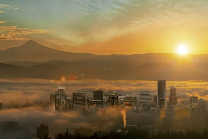 Framed Print : Sunrise and Rolling Fog over city of Portland Oregon Framed Print : Sunrise and Rolling Fog over city of Portland Oregon