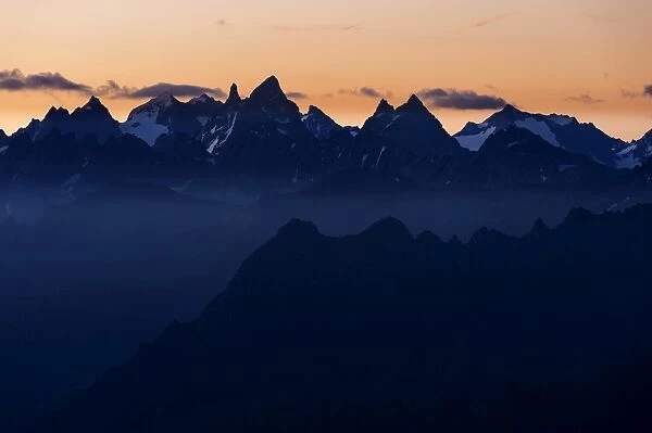 Sunrise above the Silvretta mountains, Gargellen, Montafon, Vorarlberg, Austria
