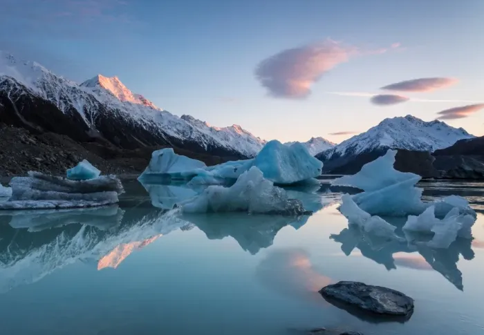 Framed Print : Sunrise at Tasman glacier river