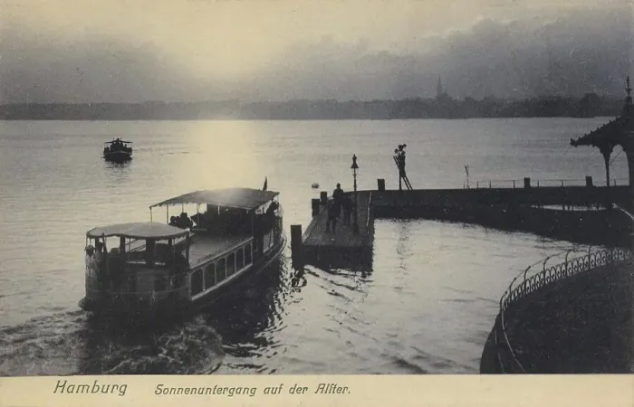 Framed Print : Sunset at the Alster, Hamburg, Germany, postcard with text, view around ca 1910, historical, digital reproduction of a historical postcard, public domain, from that time, exact date unknown Framed Print : Sunset at the Alster, Hamburg, Germany, postcard with text, view around ca 1910, historical, digital reproduction of a historical postcard, public domain, from that time, exact date unknown