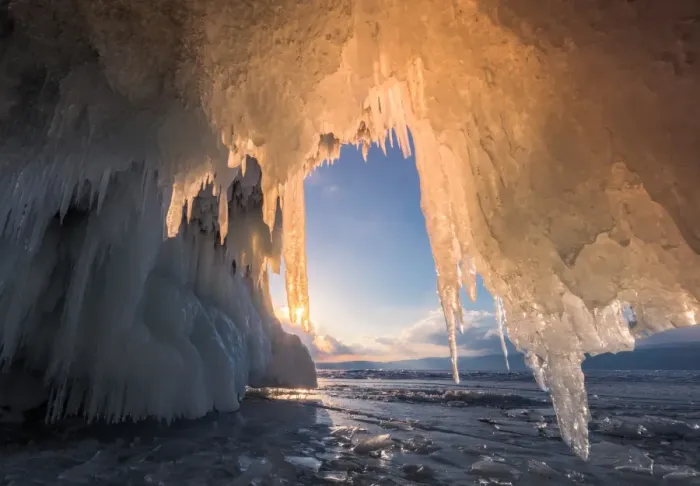 Framed Print : Sunset at Baikals ice cave Framed Print : Sunset at Baikals ice cave