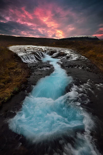 Sunset at Bruarfoss waterfall in Iceland