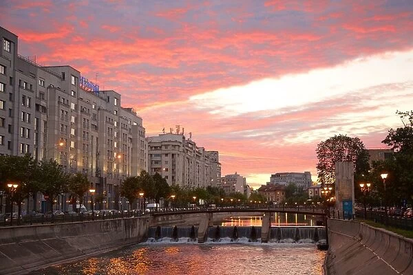 Sunset at Dambovita river in Bucharest, Romania