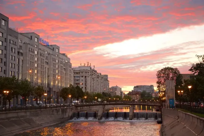 Framed Print : Sunset at Dambovita river in Bucharest, Romania