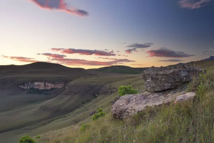 Framed Print : Sunset over Drakensberg mountains with orange, pink and blue - Giants Castle South Africa Framed Print : Sunset over Drakensberg mountains with orange, pink and blue - Giants Castle South Africa