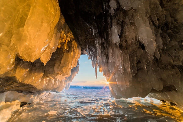 Sunset in the ice cave on Lake Baikal