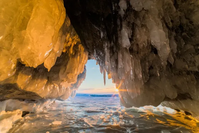 Framed Print : Sunset in the ice cave on Lake Baikal Framed Print : Sunset in the ice cave on Lake Baikal