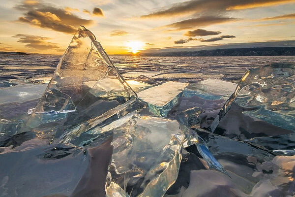 Sunset on the ice of Lake Baikal