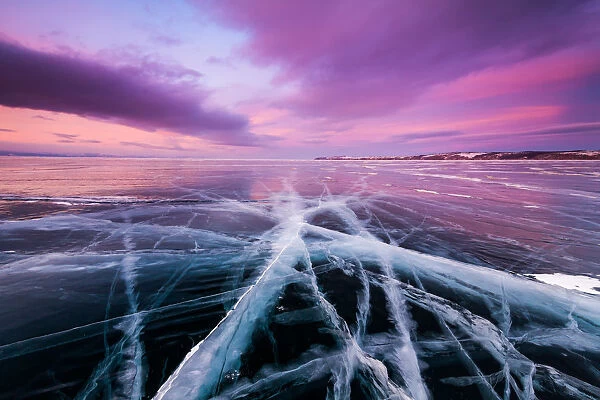Sunset on the ice of Lake Baikal