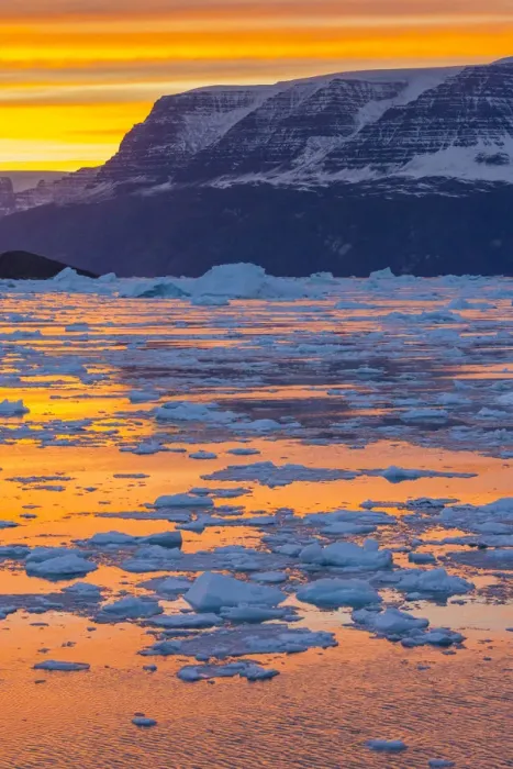 Framed Print : Sunset above icebergs and brash ice, Gasefjord, Scoresby Sund, Greenland, Denmark