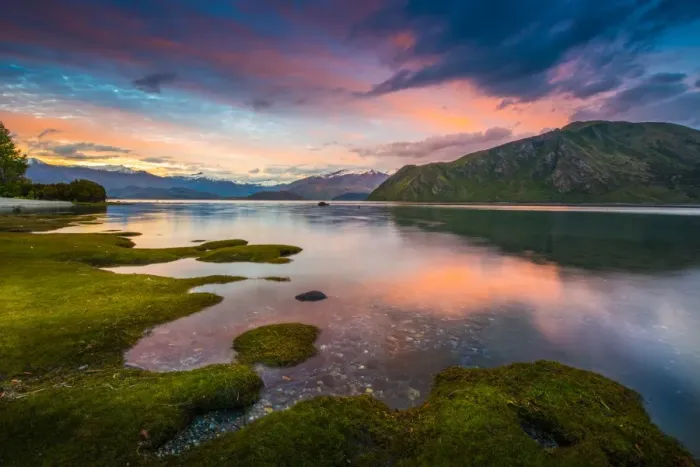Framed Print : Sunset landscape with colourful sky at Wanaka lake Framed Print : Sunset landscape with colourful sky at Wanaka lake