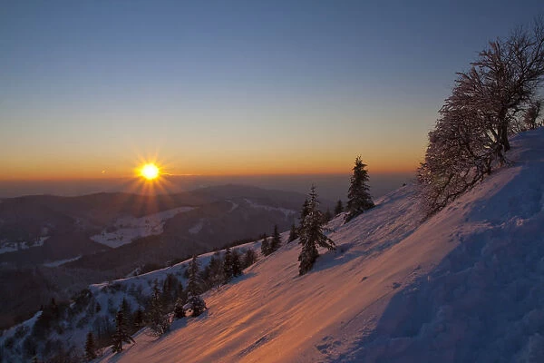 Sunset on Mt. Belchen in the south Black Forest, Baden-Wuerttemberg, Germany, Europe