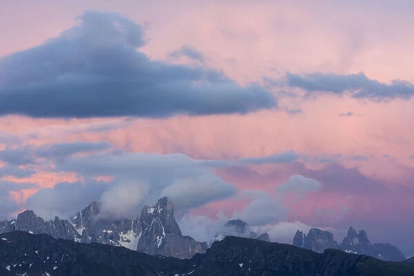 Sunset over the Pale di San Martino mountain range, Dolomites range, South Tyrol, Italy, Europe