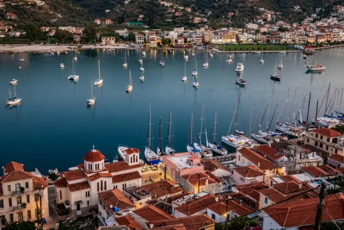 Framed Print : Sunset on Poros island in Aegean sea, Greece Framed Print : Sunset on Poros island in Aegean sea, Greece