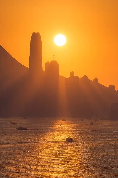 sunset ray shine through Hong Kong city