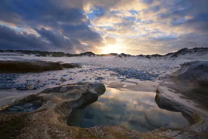 Framed Print : Sunset reflection in a water puddle - Arniston, South Africa Framed Print : Sunset reflection in a water puddle - Arniston, South Africa