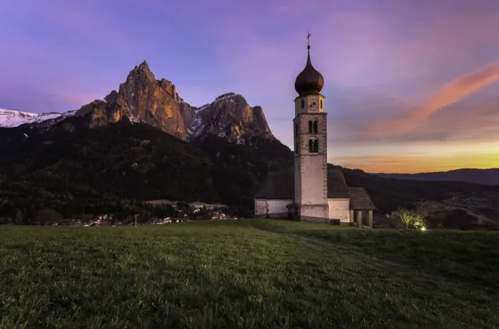 Framed Print : Sunset scenery of Church St. Valentin at Kastelruthand jagged rocks of Schlern background Framed Print : Sunset scenery of Church St. Valentin at Kastelruthand jagged rocks of Schlern background