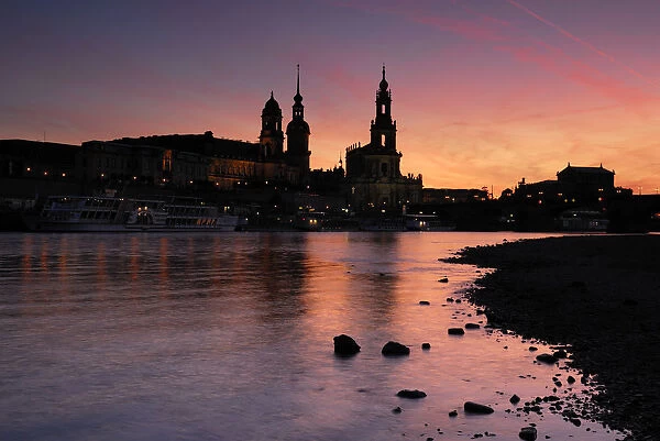 Sunset, seen from the Elbe River with a view towards Castle Church, Dresden, Saxony, Germany, Europe