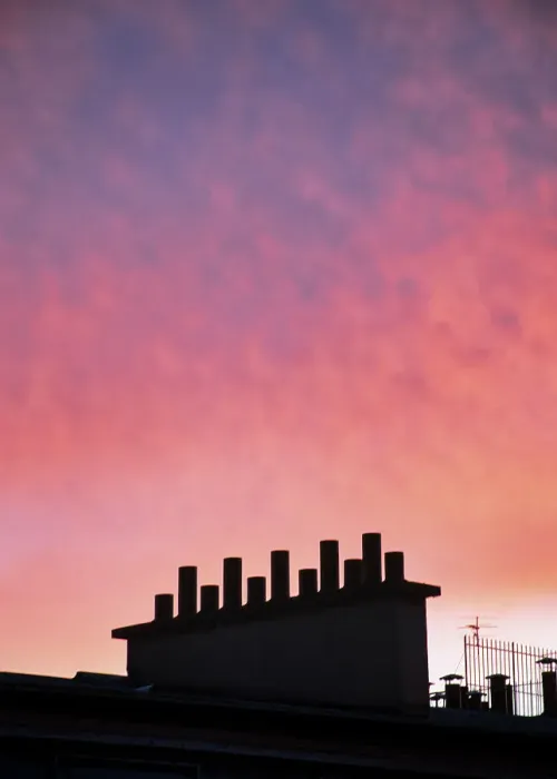 Framed Print : Sunset over a typical chimney in Paris, France Framed Print : Sunset over a typical chimney in Paris, France