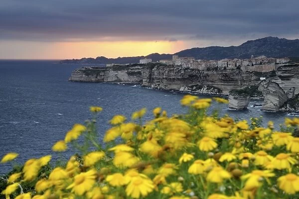 Sunset with a view towards Bonifacio in southern Corsica, France, Europe