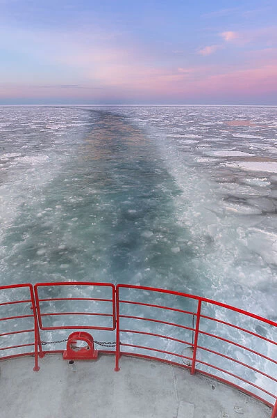 Sunset view of Okhotsk ice sea on a public Ferry