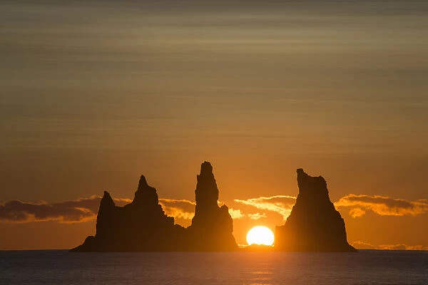 Sunset at Vik sea stacks in Iceland