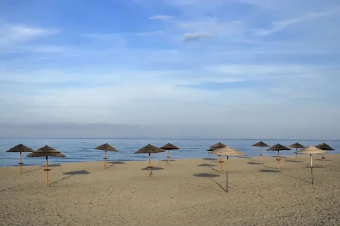 Framed Print : Sunshades on the beach, near Bastia, Corsica, France