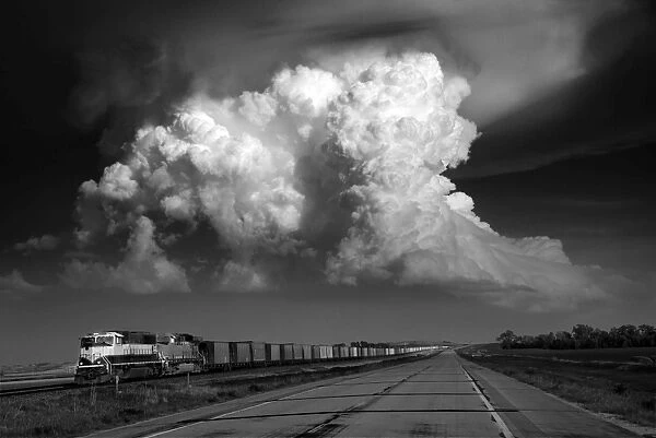 Super-cell storm over Freight train, Nebraska