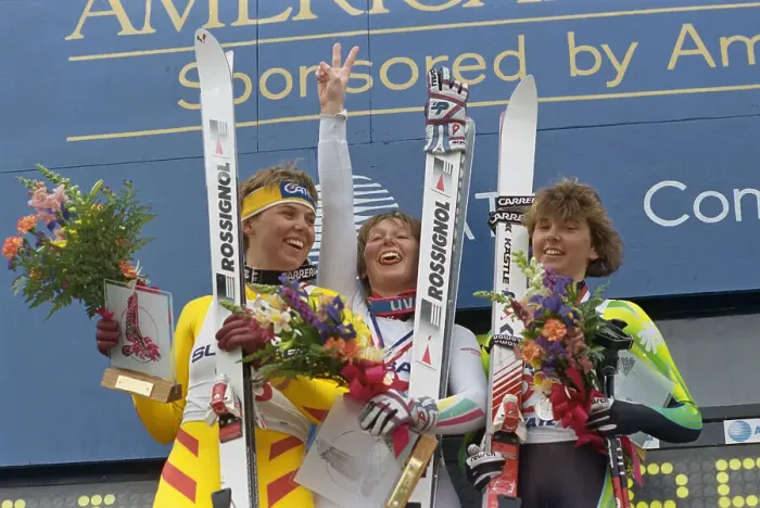 Framed Print : Super G Winners Posing on Awards Stand Framed Print : Super G Winners Posing on Awards Stand